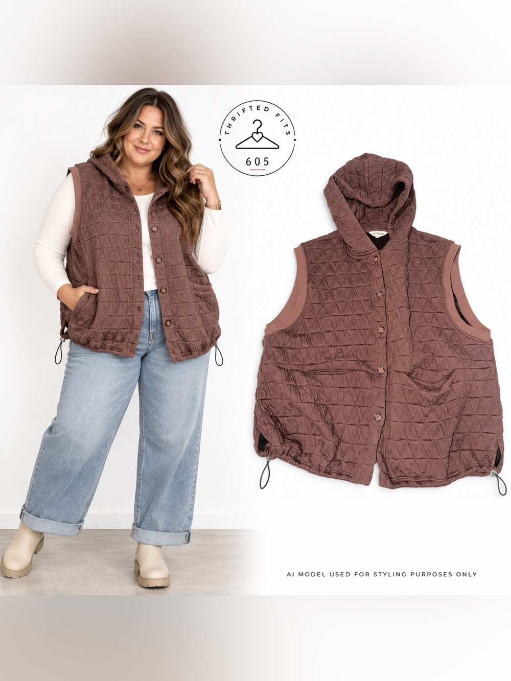 BUY KUD Quilted Hooded Vest in Brown XXL